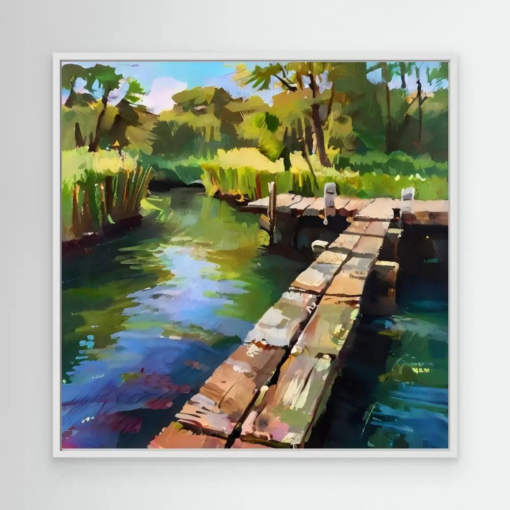 Wooden dock extending over a tranquil pond.