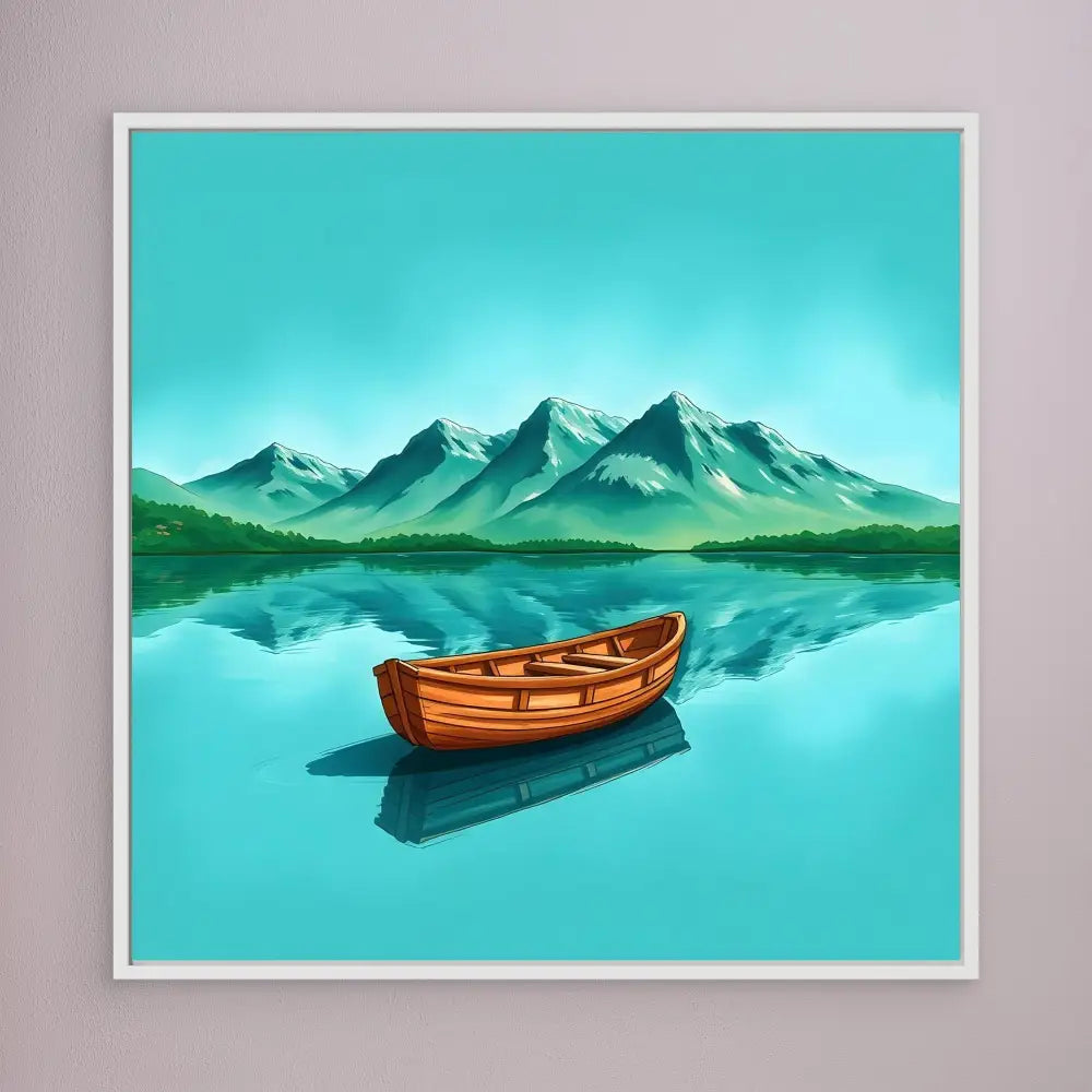 Wooden rowboat floating on calm reflective water.