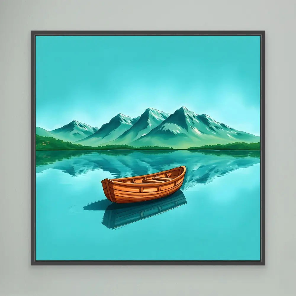 Wooden rowboat floating on calm reflective water.