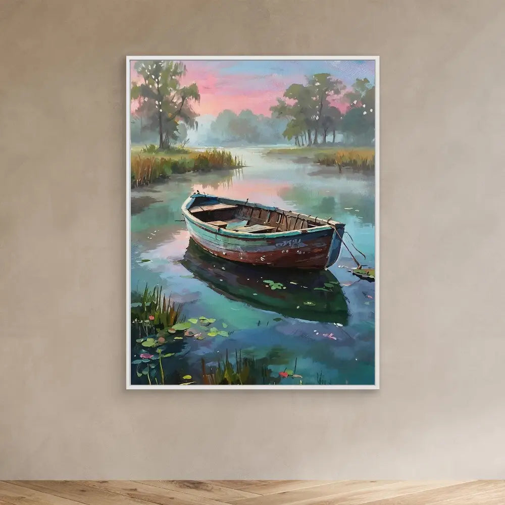 Wooden rowboat floating on calm water with its reflection visible below.