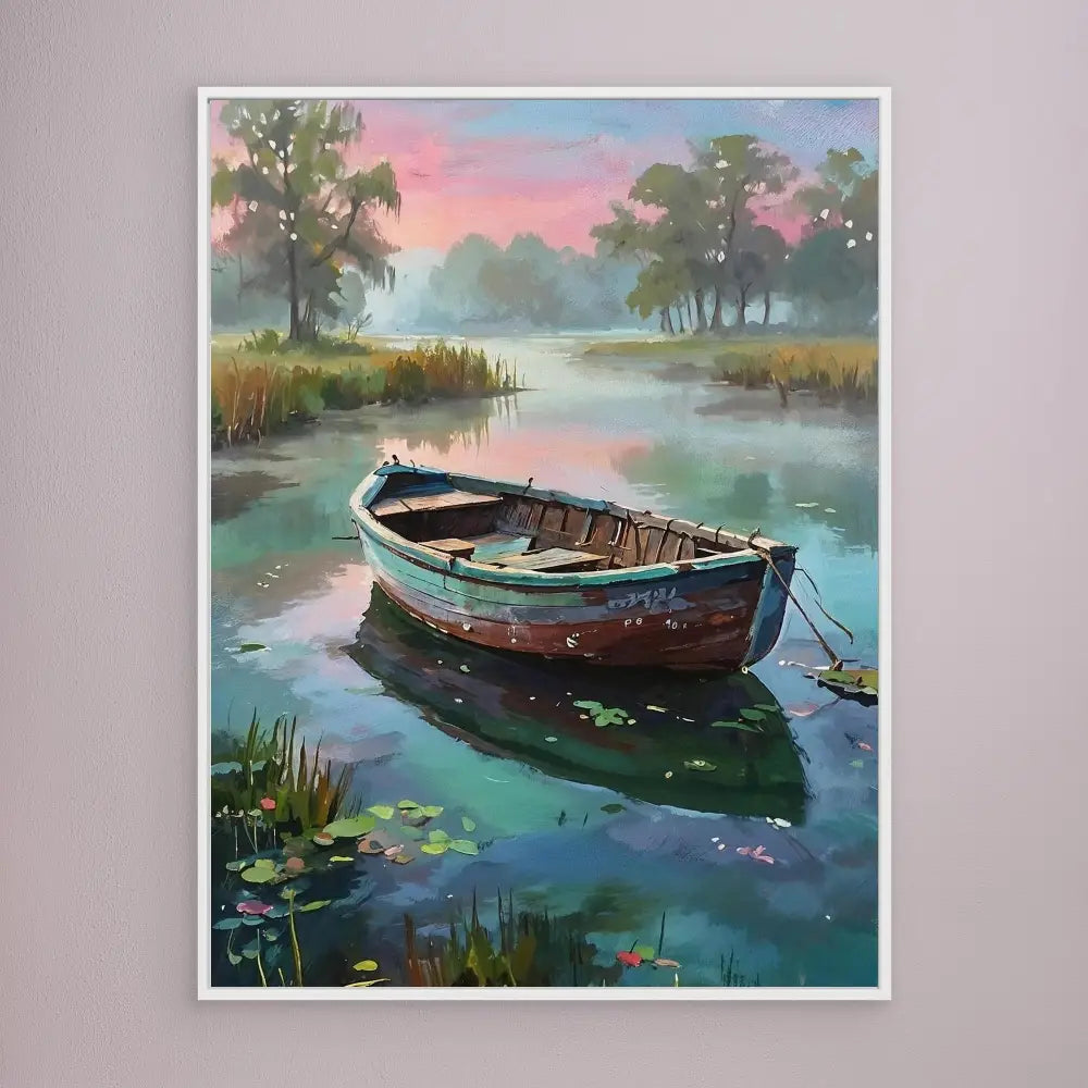 Wooden rowboat moored in calm water with lily pads.