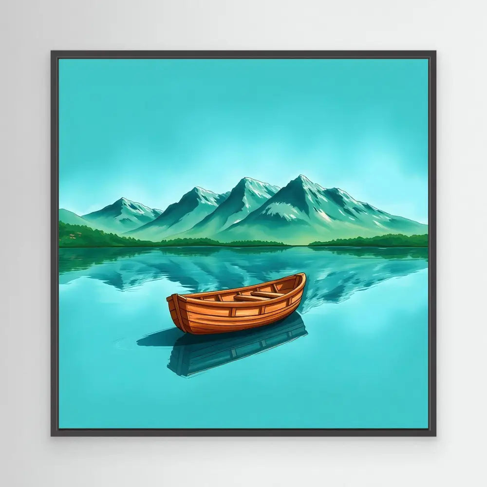 Wooden rowboat floating on perfectly still water.