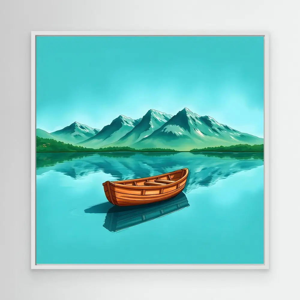 Wooden rowboat floating on perfectly still water.