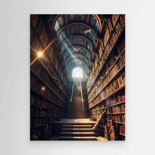 A wooden staircase ascending toward an arched window with light streaming through.