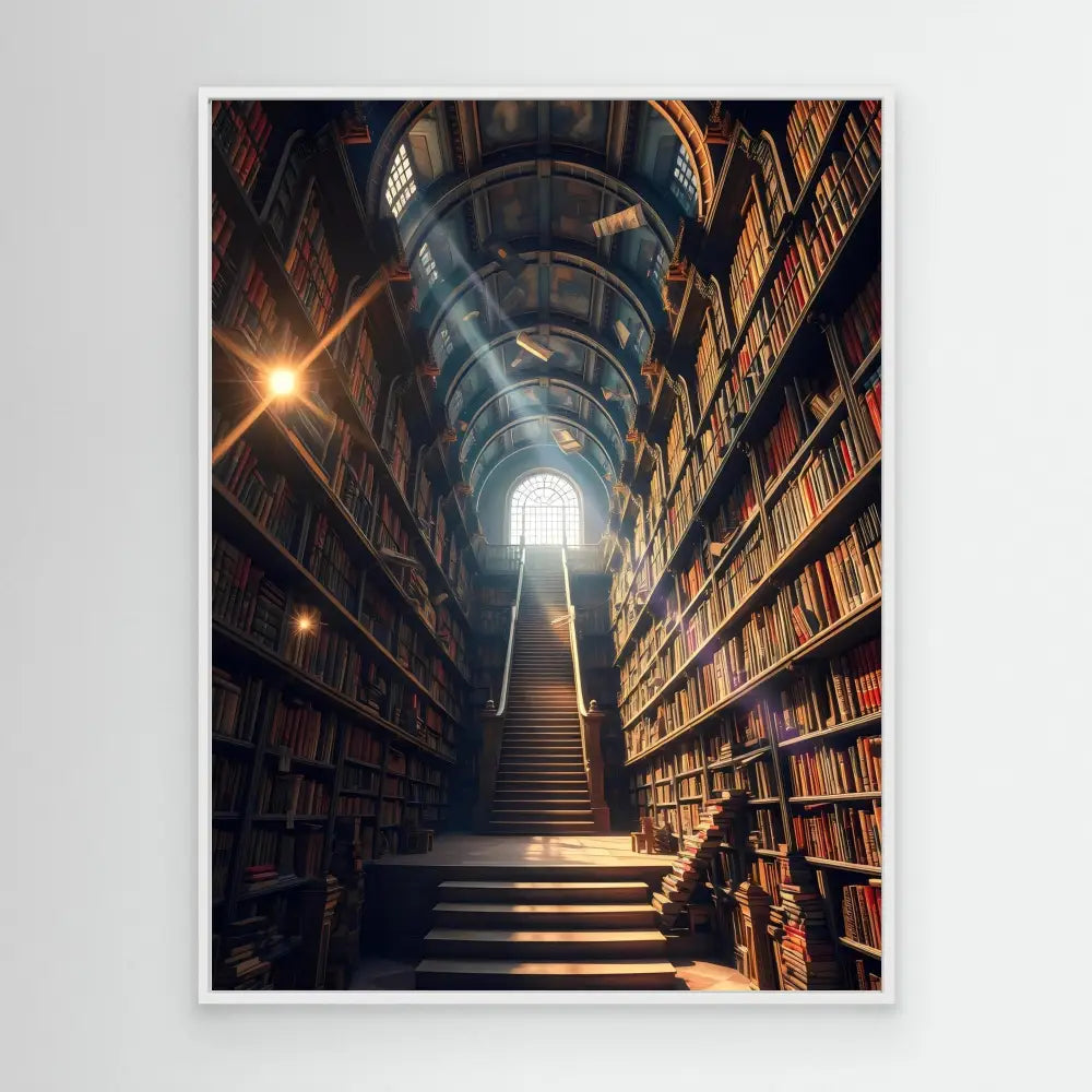 A wooden staircase ascending between towering bookshelves toward a bright window.