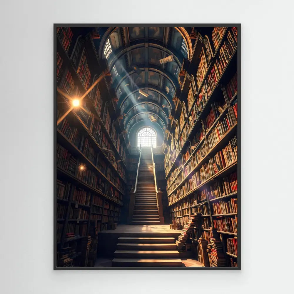 A wooden staircase ascending toward a bright arched window.