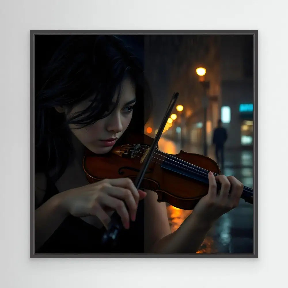 A wooden violin being played in a dramatic nighttime setting.