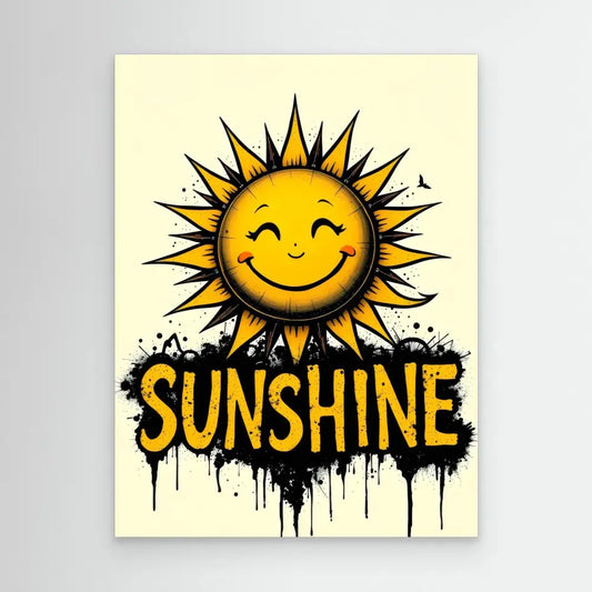 A smiling yellow sun with spiky rays above dripping black ’SUNSHINE’ text.