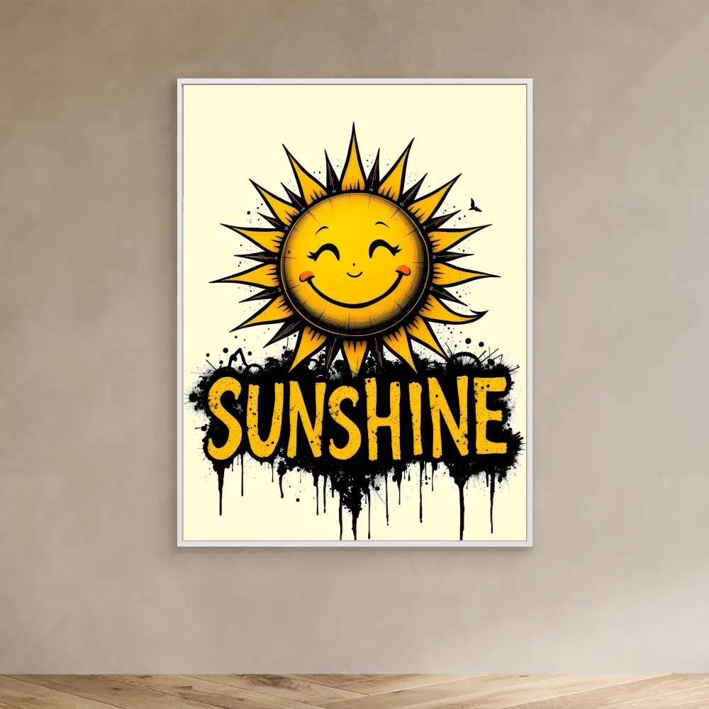 A smiling yellow sun with spiky rays above dripping ’SUNSHINE’ text.