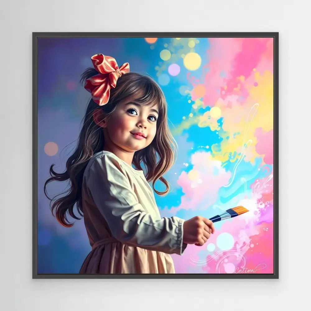 A young child holding a paintbrush against a colorful backdrop.